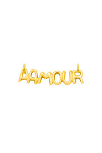 18 K Gold Lettering Pendant Necklace AAMOUR in yellow • LAURE VICTORIA GAURY HIGH JEWELLERY Picture of details of the 18 K Gold Lettering Pendant Necklace AAMOUR in yellow on white background.