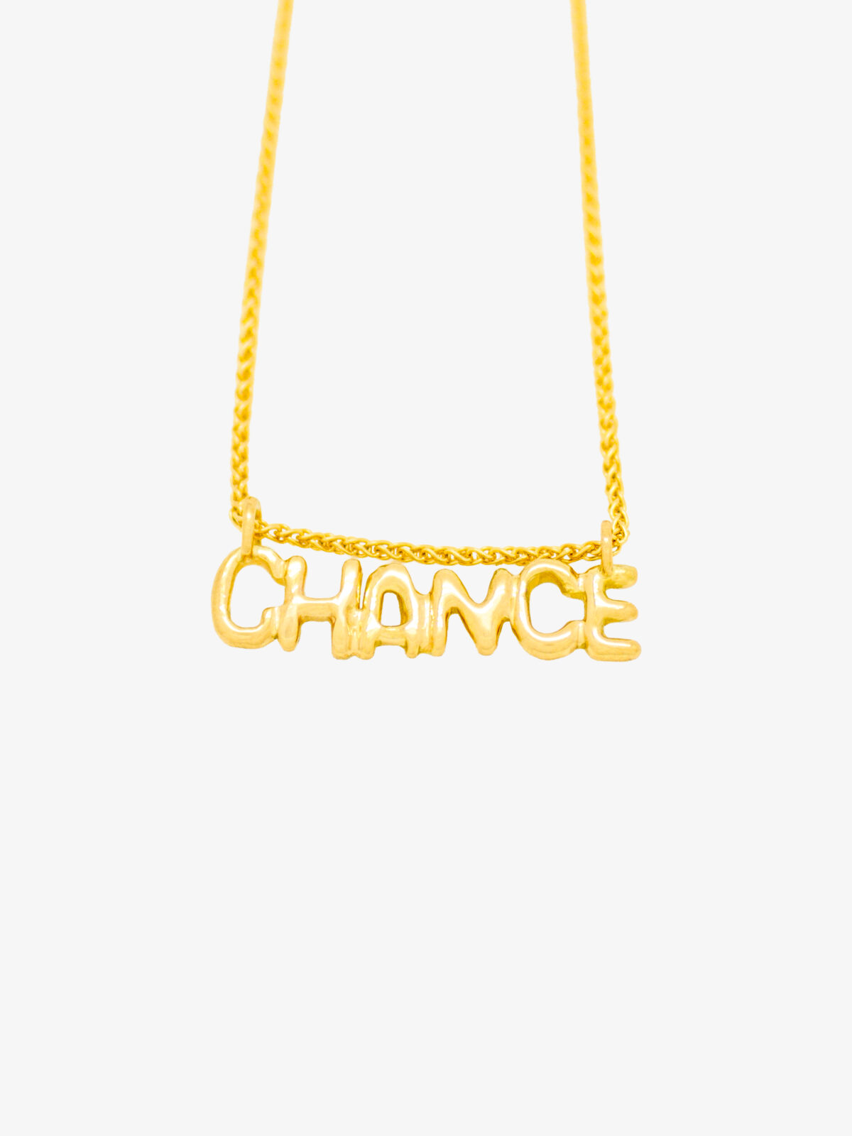 Picture of the 18 K Gold Lettering Pendant Necklace CHANCE in yellow gold with chain in grey background.