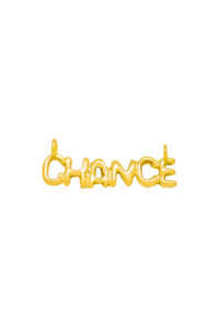 18 K Gold Lettering Pendant Necklace CHANCE in yellow • LAURE VICTORIA GAURY HIGH JEWELLERY Front side detail photography of the 18 K Gold Lettering Pendant Necklace CHANCE in yellow gold with chain in white background.