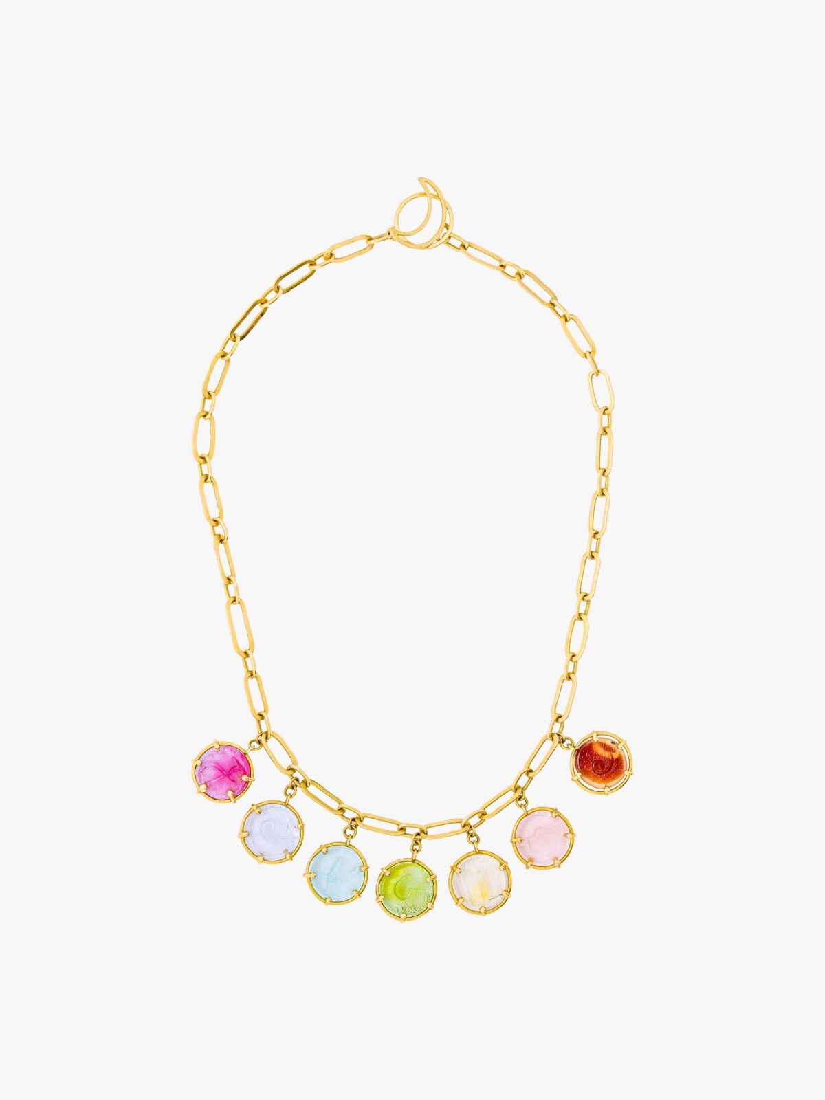 18 Carat Yellow Gold Necklace wih unique claps with colored glass beads front view.