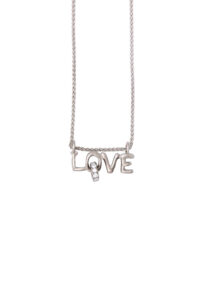Love necklace in 18 carat white gold with diamonds • LAURE VICTORIA GAURY HIGH JEWELLERY Detail photography of the 18 K White Gold Lettering Pendant Necklace with diamonds on white background.