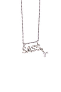 Detail photography of the Sassy necklace in 18 carat white gold with diamonds on white background.